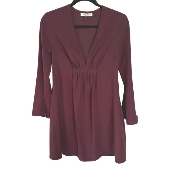 Halston Heritage Wine Red Flare Sleeve V-Neck Babydoll Mini Dress Size 2 - Picture 1 of 9